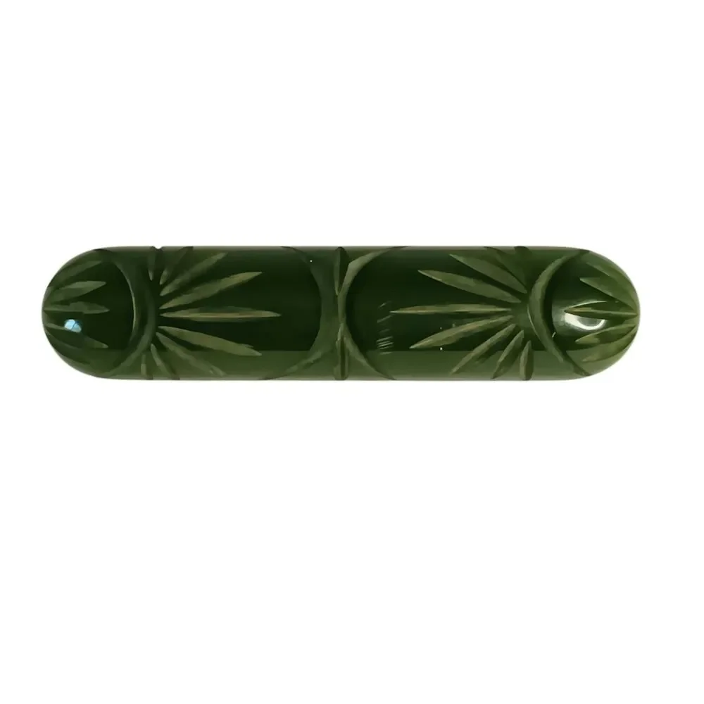 Bakelite Brooch Carved Dark Green Bar Pin Art Deco Tropical Leaf Fan Design 3.25